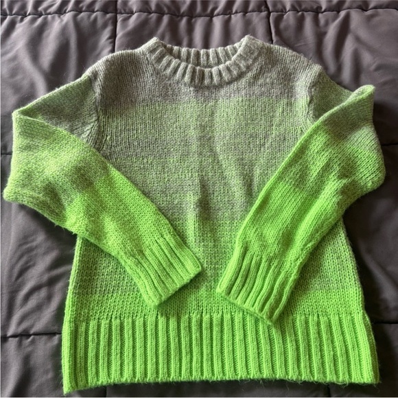 Grey and Neon Green Ombré Crew Neck Sweater - Picture 4 of 4